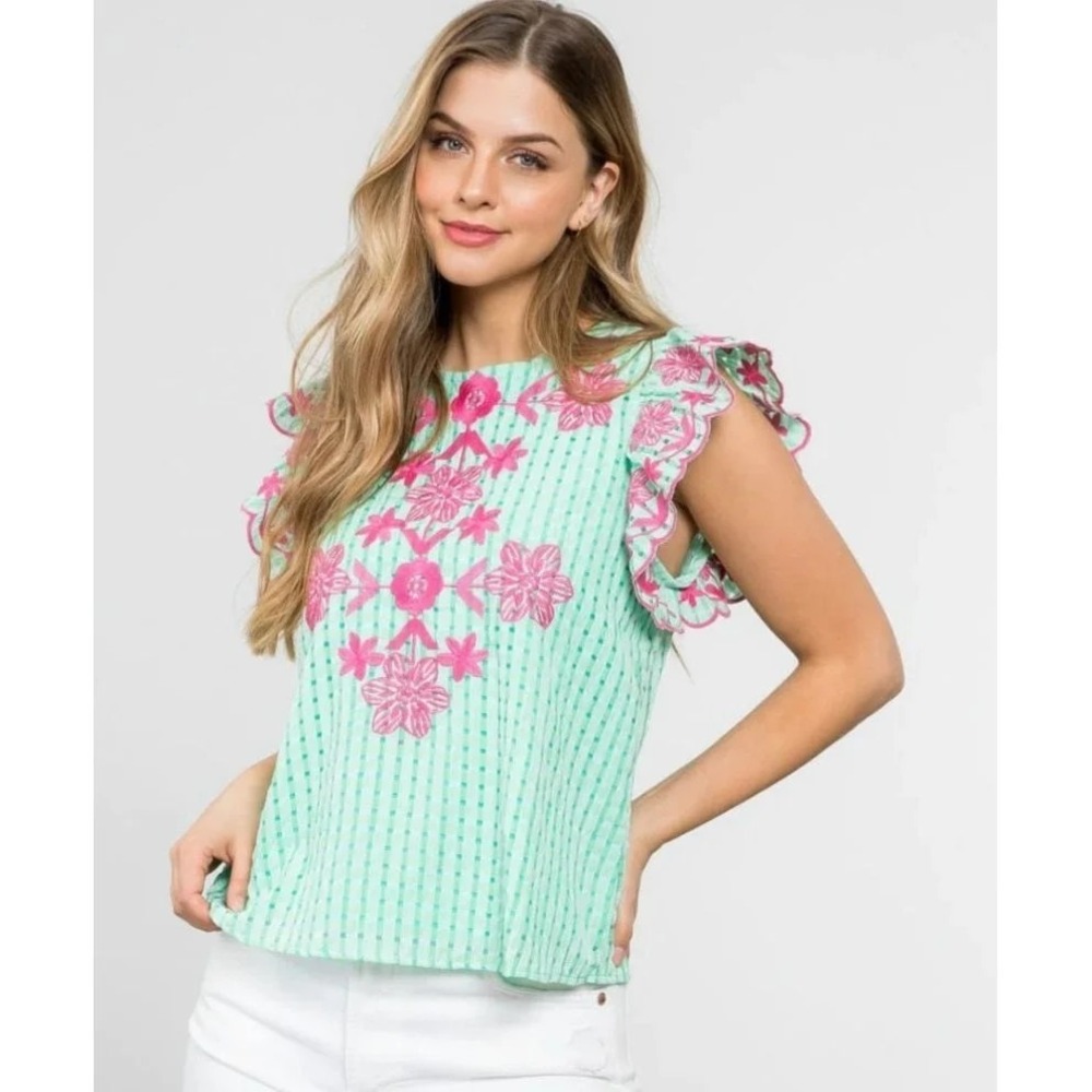 THML Blouse Floral Caroline Embroidered Gingham Ruffle Sz S Green Pink Women